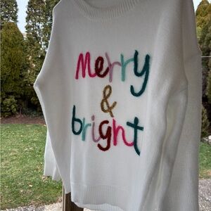 Women's White Christmas Merry & Bright Sweater with Colorful Text L